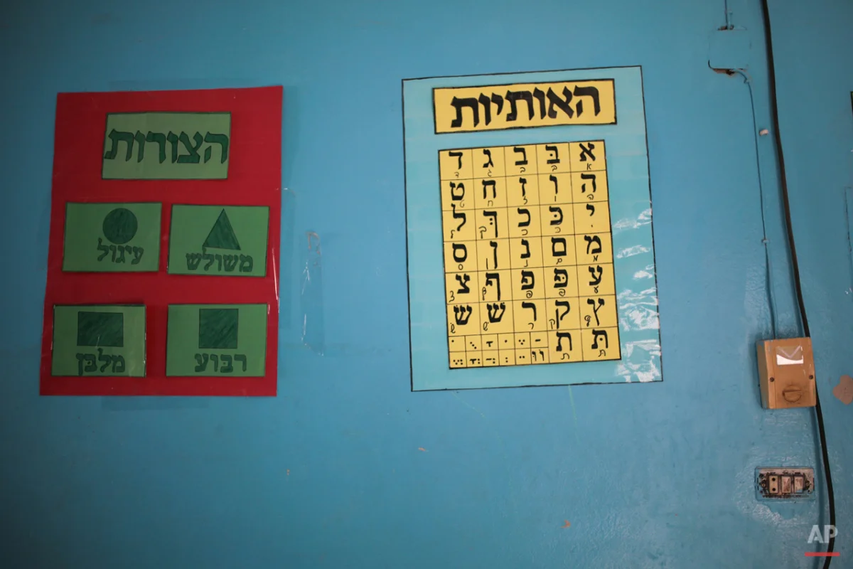  In this Friday, Oct. 30, 2015 photo, Hebrew educational material is viewed inside a class at a Talmudic school at  Hara Kbira, the main Jewish neighborhood on the Island of Djerba, southern Tunisia. When school lets out, the streets around the ancie