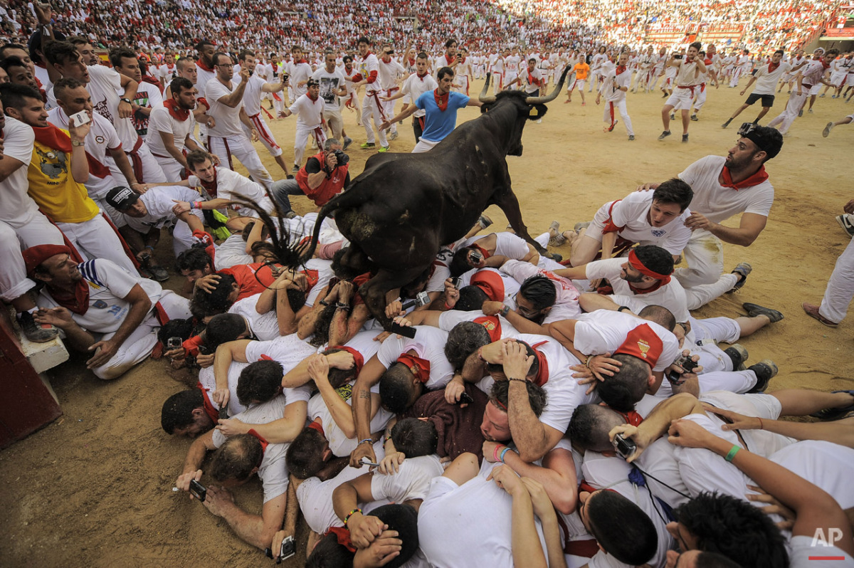  A cow jumps over a group of revelers in the bull ring, at the San Fermin Festival, in Pamplona, Spain, Wednesday, July 8, 2015. Revelers from around the world arrive in Pamplona every year to take part in some of the eight days of the running of the