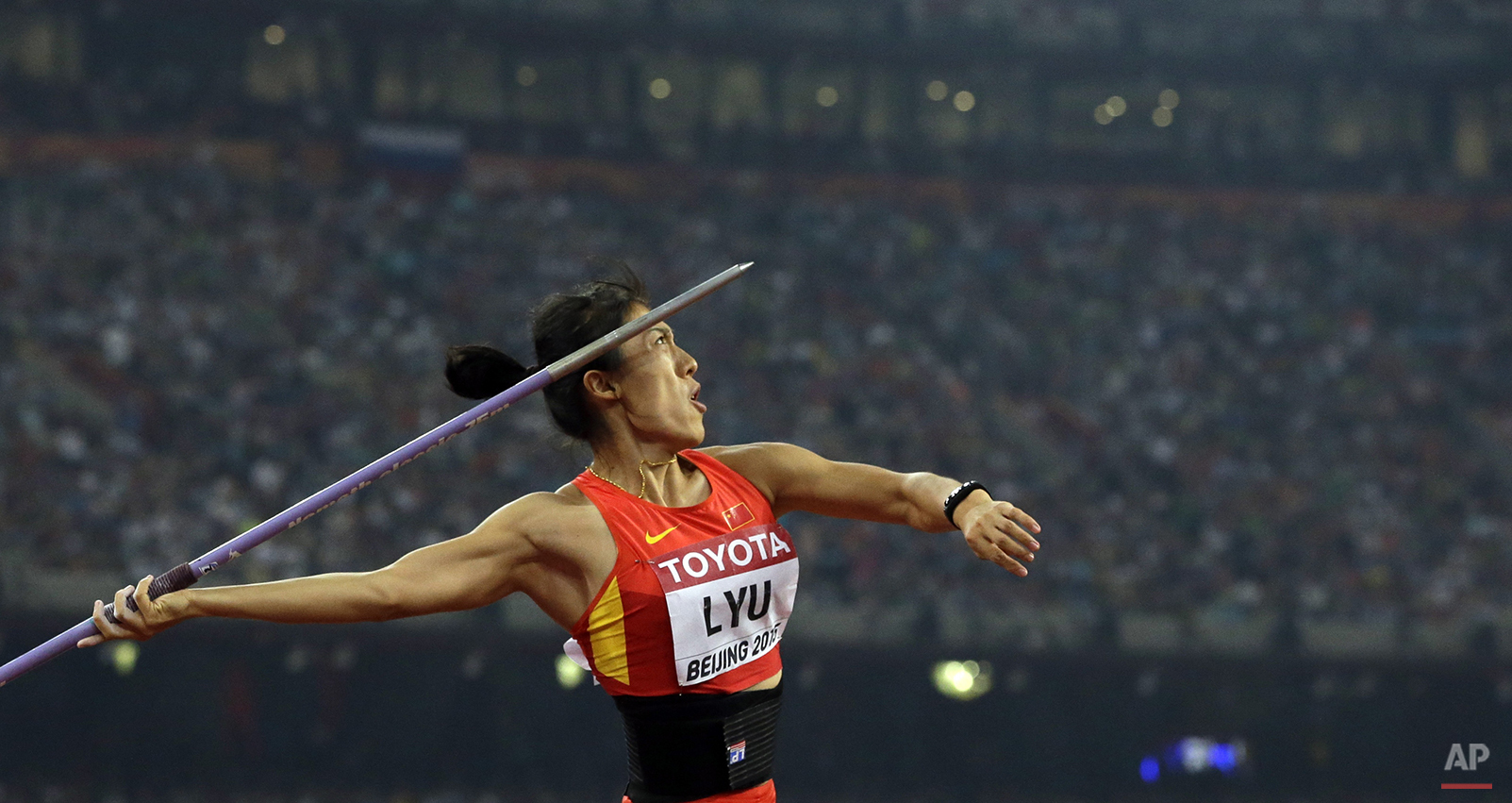  China's Lyu Huihui in action on her way to taking the silver medal in the women's javelin final at the World Athletics Championships at the Bird's Nest stadium in Beijing, Sunday, Aug. 30, 2015. (AP Photo/Lee Jin-man) 