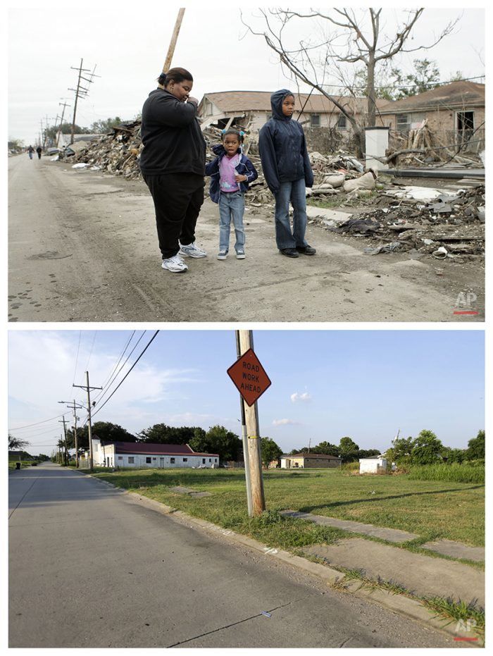  This combination of Dec. 10, 2005 and July 28, 2015 photos show Valerie Thomas, of New Orleans, left, and her nieces Shante Fletcher, 6, and Sarine Fletcher, 11, right, looking at the destruction of Valerie's brother's home in the Lower Ninth Ward o