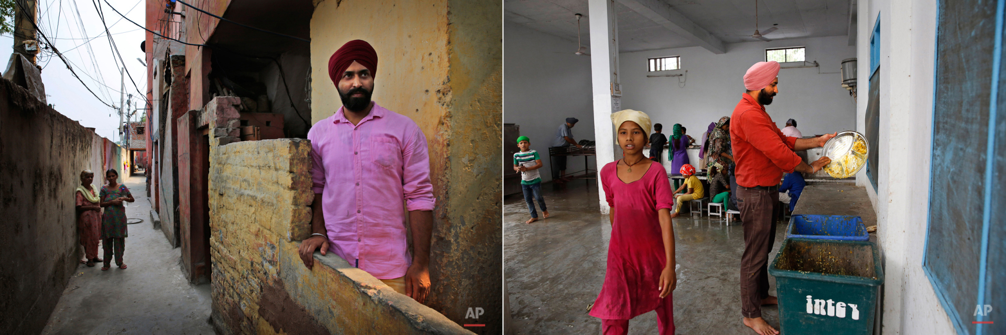  This two picture combo shows on left, Goldy who drives ambulance for Delhi government poses outside his house, in New Delhi, India, on June 15, 2015, as on right, he cleans the used plates during langar at the Majnu-Ka-Tilla Gurdwara or Sikh temple,