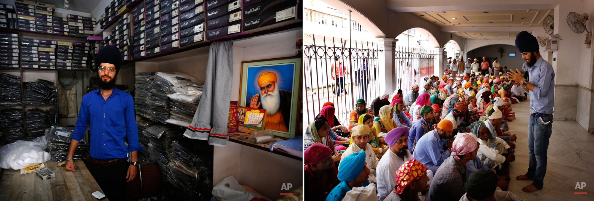  This two picture combo shows on left, Darshan Singh, 24, a garments store owner, poses for photos inside his store in New Delhi, India, on June 1, 2015, as on right, he sings religious prayers for devotees before the start of langar, or free communi