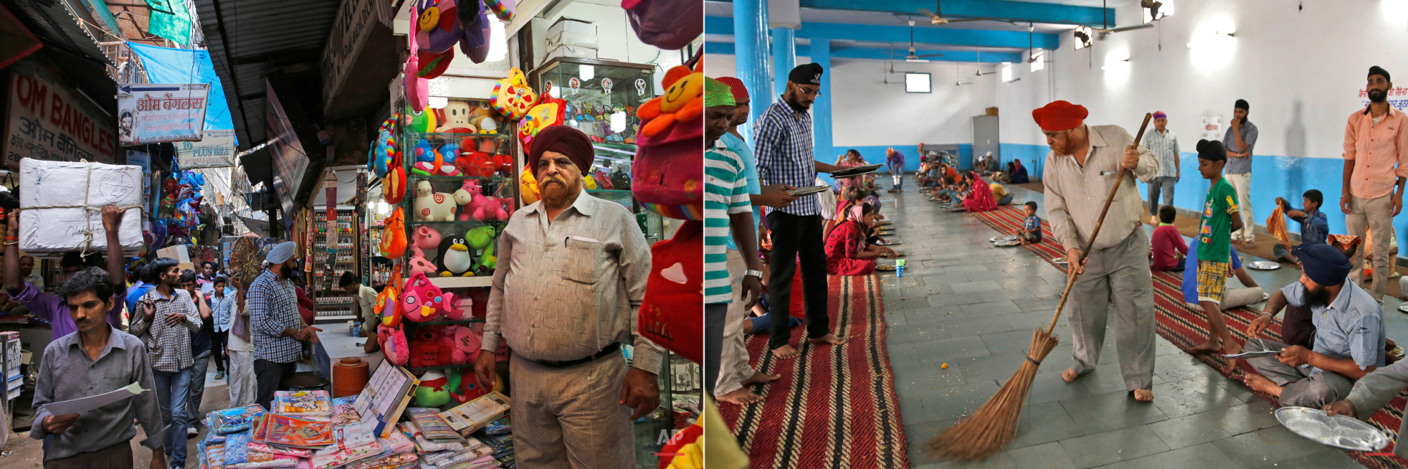  This two picture combo shows on left, Harinder Singh, 62, a business man who owns a shop in Sadar Bazar, poses for a photographs outside his shop, in New Delhi, India, on  June 16, 2015, as on right, he cleans the langar area with a broom at the Maj