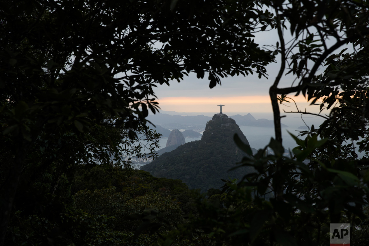  The Christ the Redeemer statue and Sugar Loaf mountain are pictured between trees as the sun rises in Rio de Janeiro, Brazil, Thursday, Aug. 4, 2016. (AP Photo/Felipe Dana) 