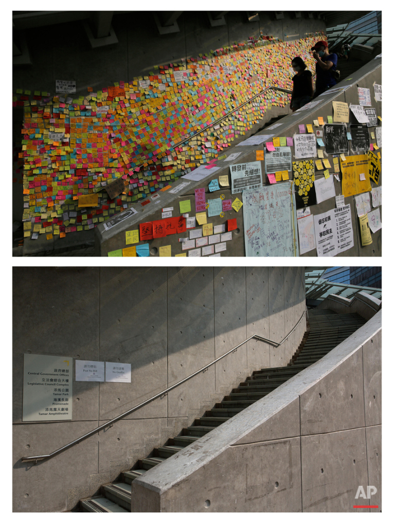  This combination of Oct. 3, 2014 file, top, and Sept. 26, 2015 photos shows pro-democracy student protesters walking near messages left on a wall of the government complex during the Umbrella Movement in Hong Kong, and the same wall after almost one