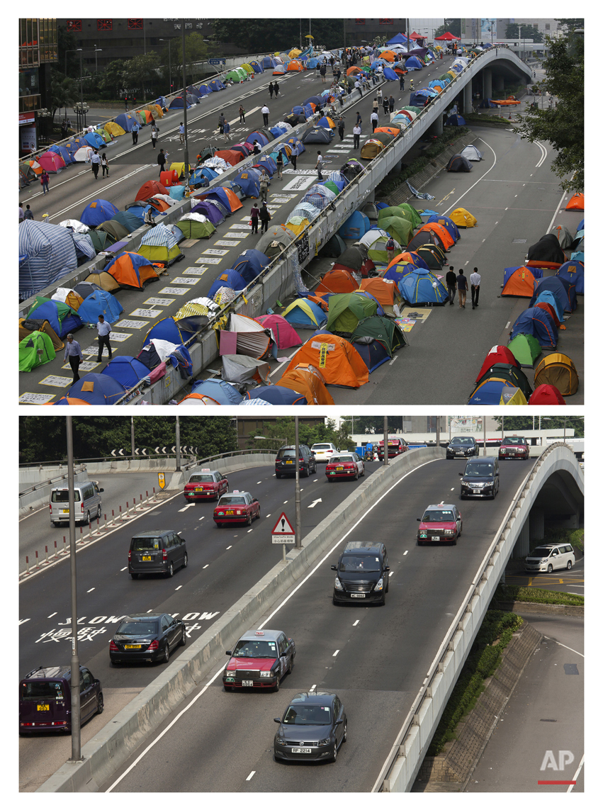  This combination of Nov. 11, 2014 file, top, and Sept. 26, 2015 photos shows tents set up by pro-democracy protesters as they occupy the area outside the government headquarters in Hong Kong's Admiralty district during the Umbrella Movement in Hong 