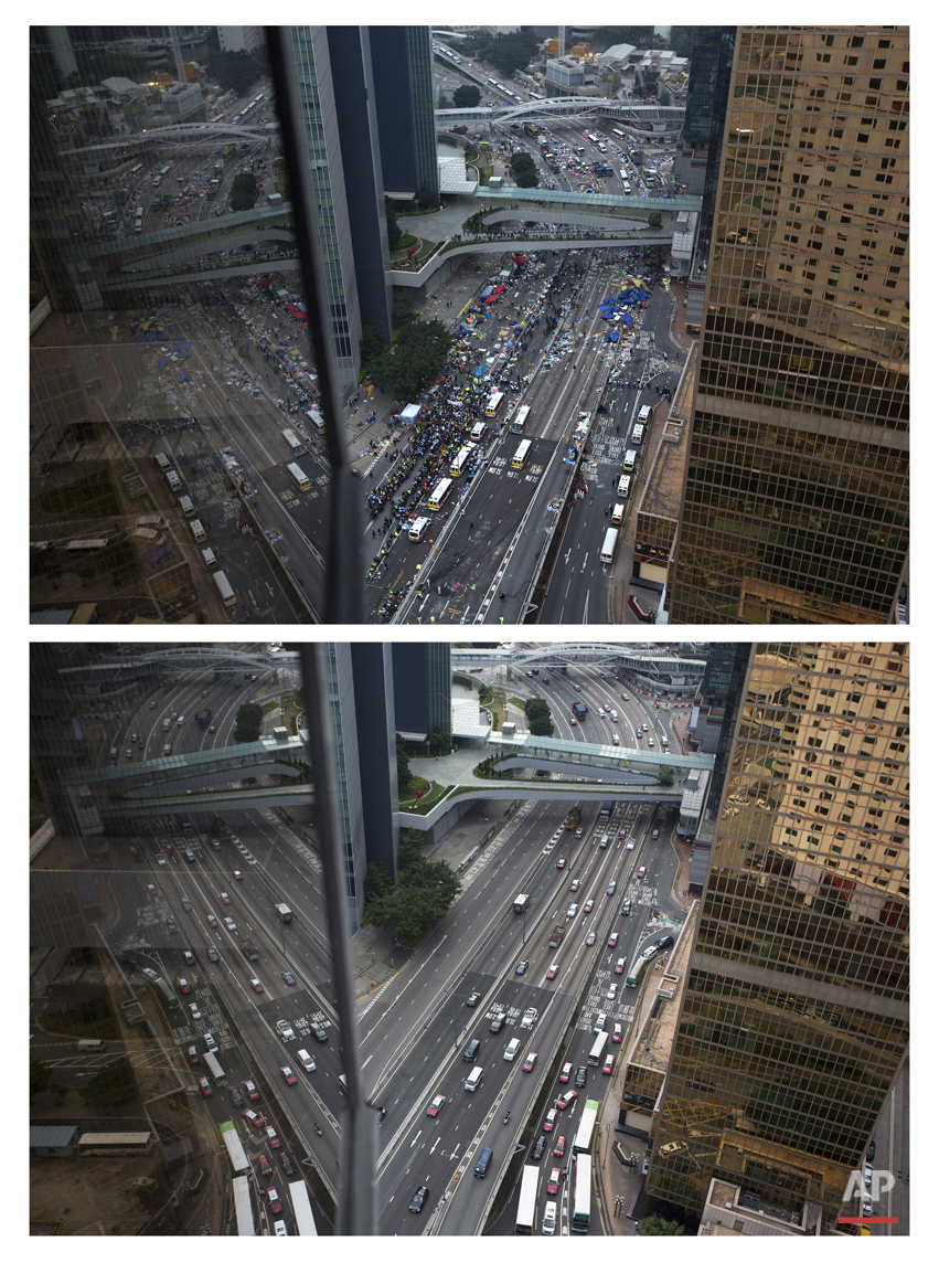  This combination of Dec. 11, 2014 file, top, and Sept. 25, 2015 photos shows a general view of a main road as police removing barricades and tents outside government headquarters during the Umbrella Movement in Hong Kong, and the same road almost on