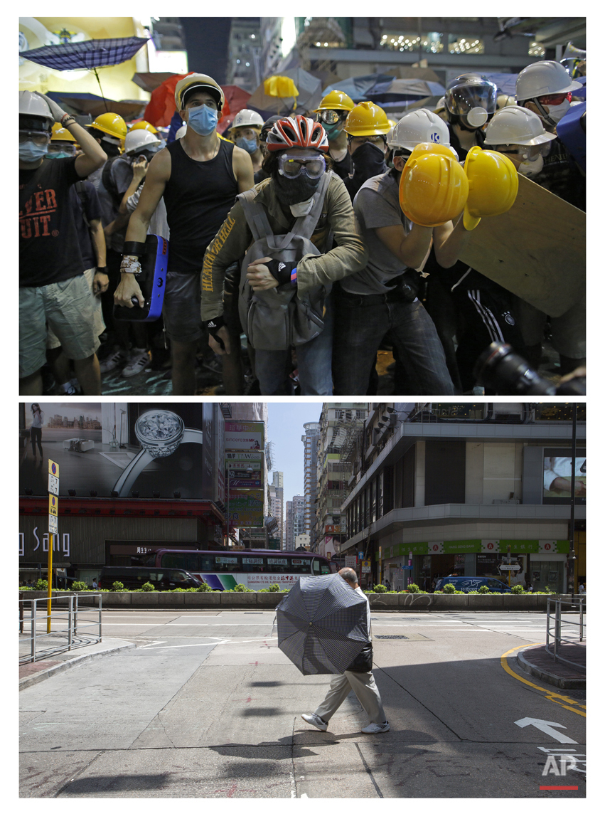  This combination of Nov. 25, 2014 file, top, and Sept. 25, 2015 photos shows protesters getting ready to push against policemen in their attempt to occupy the area in Mong Kok district during the Umbrella Movement in Hong Kong, and a man with an umb