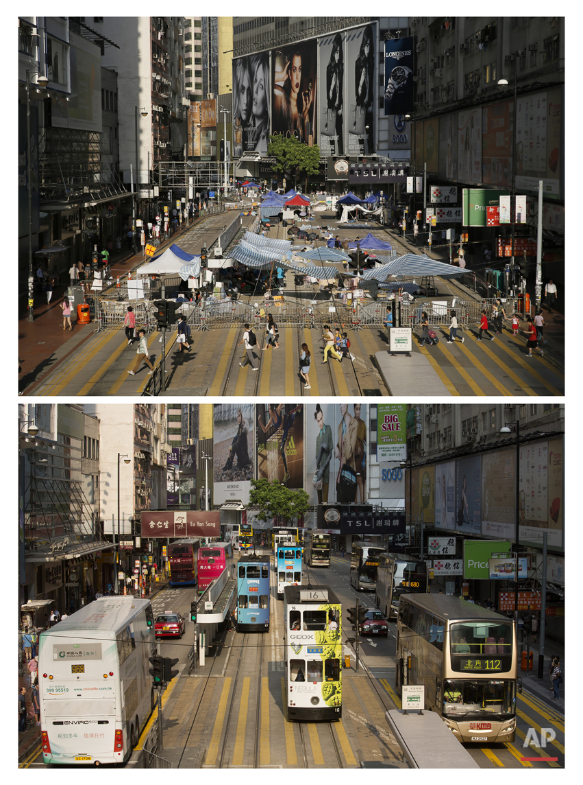  This combination of Oct. 10, 2014 file, top, and Sept. 26, 2015 shows people walking past barricades on the main street occupied by protesters at the Causeway Bay district during the Umbrella Movement in Hong Kong and street cars, buses and other ve