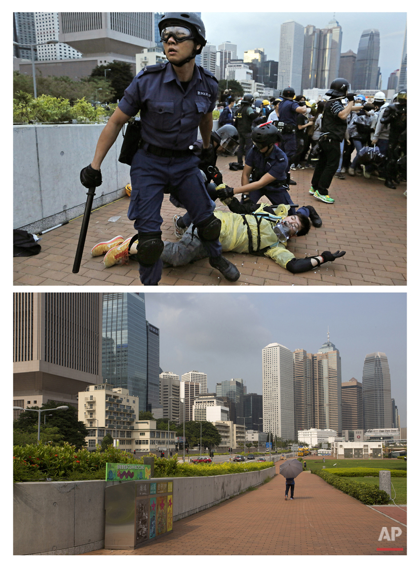  This combination of Dec. 1, 2014 file, top, and Sept. 26, 2015 photos shows police officers detaining a protester during a clash as other protesters attempting to surround the Hong Kong government headquarters during the Umbrella Movement in Hong Ko