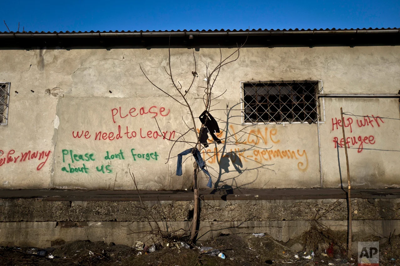 In this Tuesday, Jan. 31, 2017 photo, a pants of an unaccompanied minor is left with other laundry belonging to migrants on a tree to dry outside an abandoned warehouse where they took refuge in Belgrade, Serbia. (AP Photo/Muhammed Muheisen)