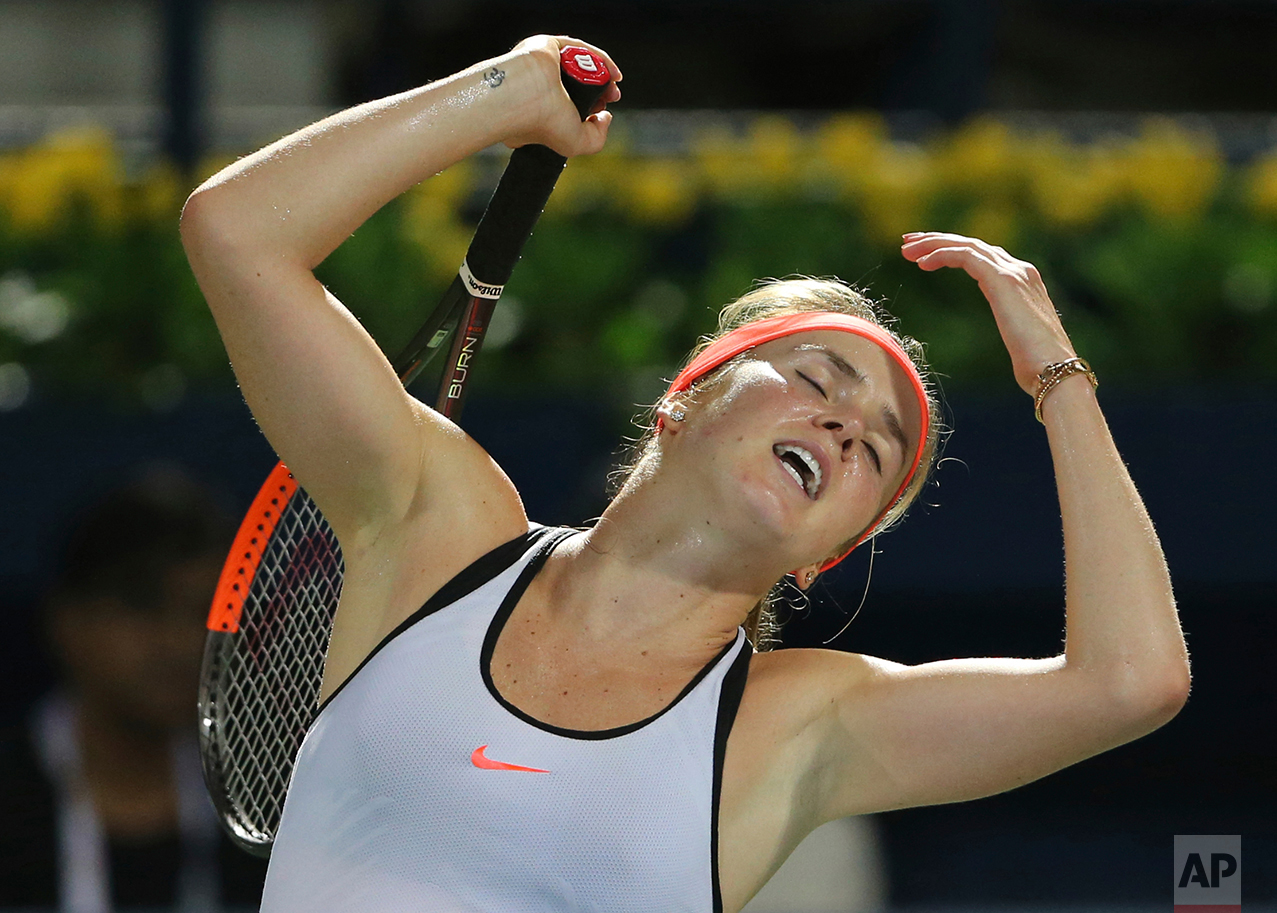  Elina Svitolina of Ukraine reacts in a final match against Caroline Wozniacki of Denmark during the Dubai Tennis Championships in Dubai, United Arab Emirates, Saturday, Feb. 25, 2017. Svitolina defeated Wozniacki 6-4, 6-2.  (AP Photo/Kamran Jebreili