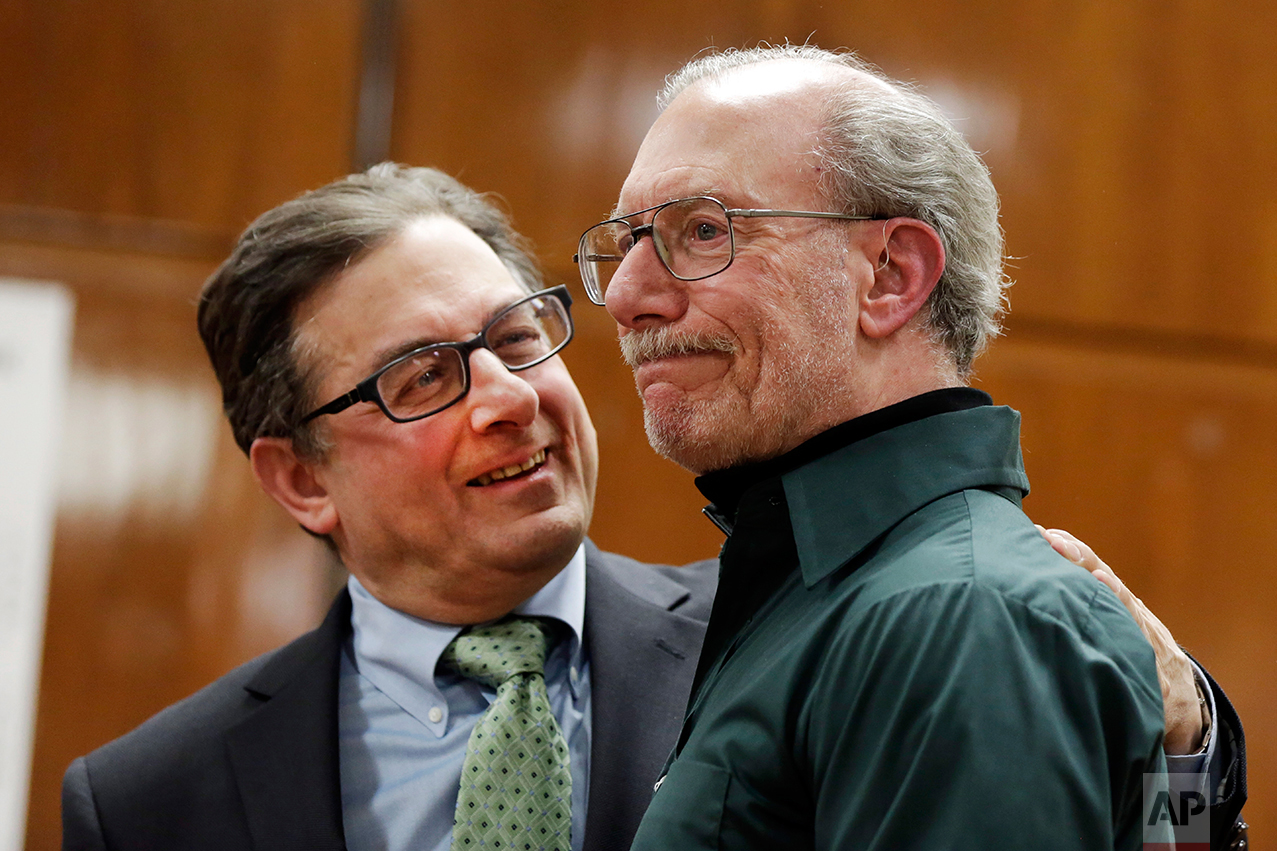  Stan Patz, right, father of 6-year-old Etan Patz who disappeared on the way to the school bus stop 38 years ago, reacts after a news conference with Assistant District Attorney Joel Seidemann, following the second trial of Pedro Hernandez, whos conv