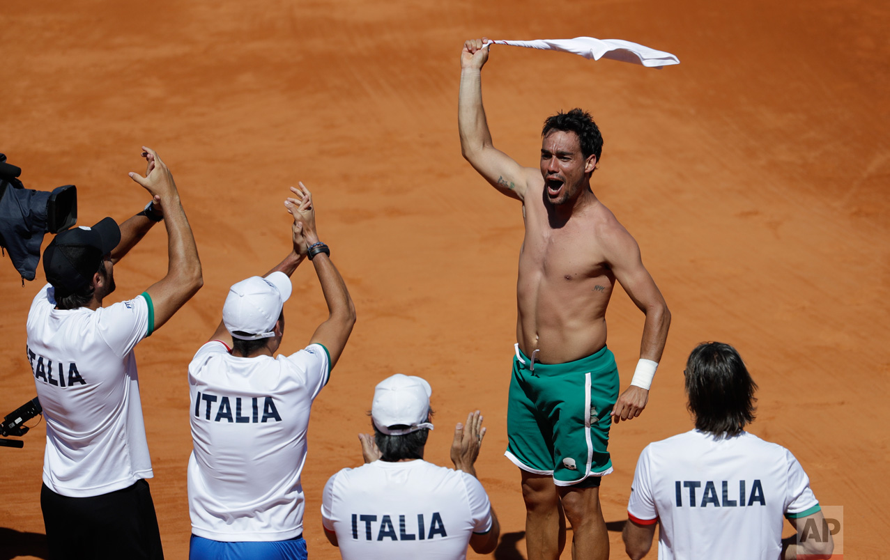 Italy's Fabio Fognini twirls his shirt as he celebrates his Davis Cup first round tennis match victory over Argentina's Guido Pella, in Buenos Aires, Argentina, Monday, Feb. 6, 2017. Fognini defeated Pella 2-6, 4-6, 6-3, 6-4, 6-2. (AP Photo/Natacha Pisarenko)
