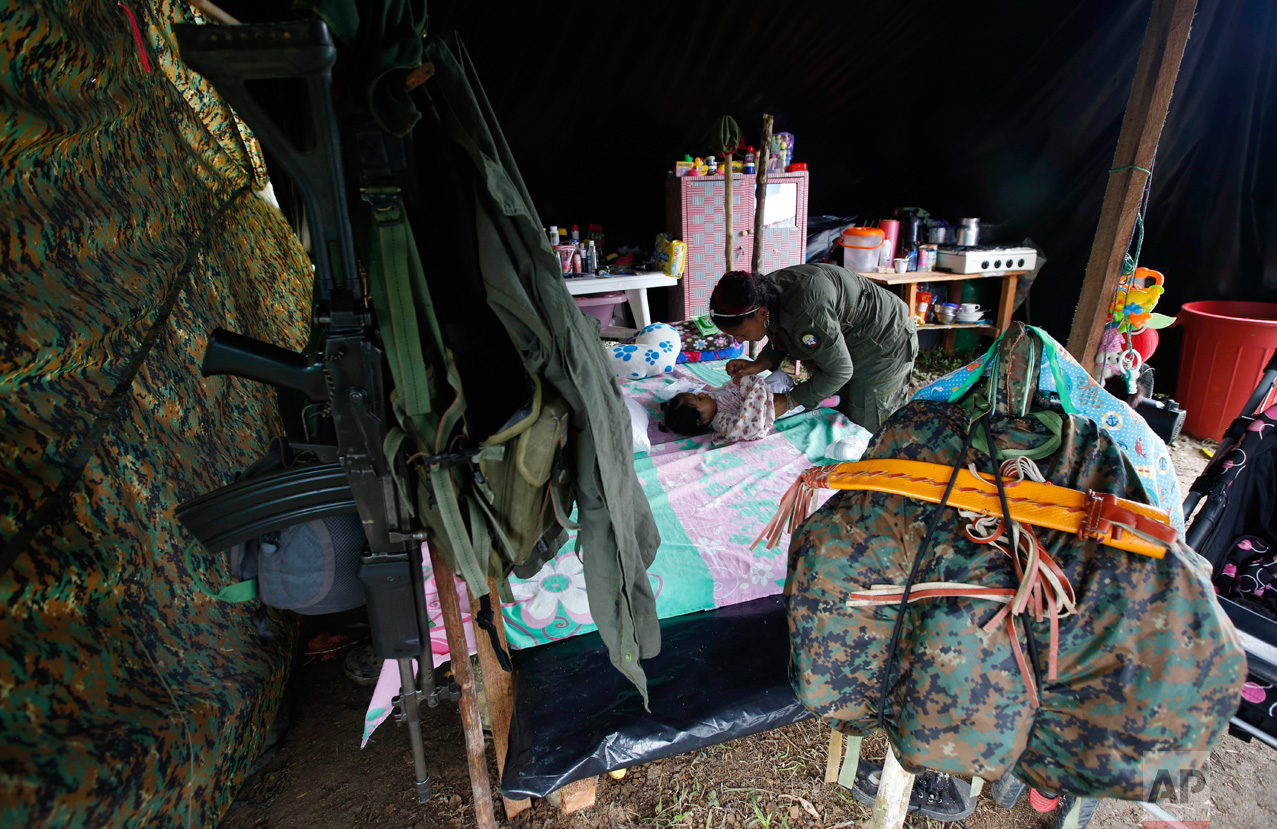 In this Tuesday, Feb. 28, 2017 photo, FARC rebel Sandra Saez changes her 4-month-old daughter Manuela inside her tent at a rebel camp in a demobilization zone in La Carmelita, in Colombia's southwestern Putumayo state. In La Carmelita, one of the more built-up camps, rebels sleep under plastic tarps, there are no proper showers or clinics and a road to the main highway is so muddy it is hard to traverse except in all-terrain vehicles. (AP Photo/Fernando Vergara)