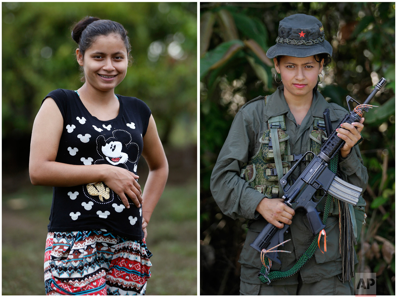This combo of two photos of FARC rebel Mayerly Munoz shows her 32-weeks pregnant on Feb. 28, 2017 at a FARC camp inside a demobilization zone in La Carmelita in Colombia's Putumayo state, left, next to a photo of her taken last year on Aug. 16, 2016 at a jungle camp in the same area. Among the 7,000 guerrillas gathered at the demobilization zones across the country, 114 women are pregnant and 77 babies have been born recently, according to the government. (AP Photo/Fernando Vergara)