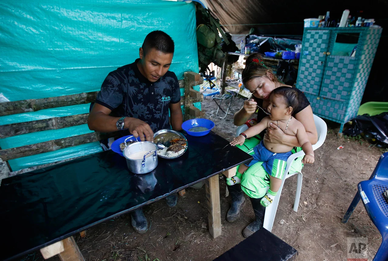 In this Tuesday, Feb. 28, 2017, rebel couple Jerly Suarez, right, and Vicente Pulecio eat lunch with their 9-month-old son Dainer inside their rebel camp tent within a demobilization zone in La Carmelita in Colombia's southwestern Putumayo state. As the guerrilla army is preparing to lay down its weapons, a rebel baby boom has struck a chord among urban Colombians far removed from the conflict, a few of whom have mobilized to transport diapers and creams to the new mothers after seeing images of sweltering infants on cots in the rural encampments. (AP Photo/Fernando Vergara)