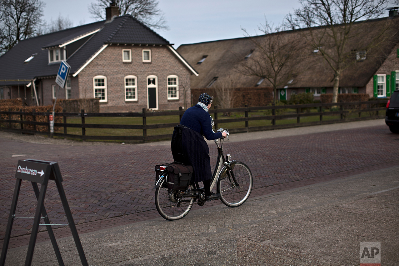  An elderly woman rides her bicycle after casting her ballot for the Dutch general elections at a polling station set up in a cafe in Staphorst, Netherlands, Wednesday, March 15, 2017. (AP Photo/Muhammed Muheisen) 