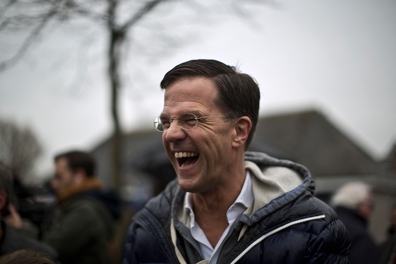  Dutch Prime Minister Mark Rutte, laughs while talking to supporters during an election event in Wormerveer, Netherlands, Saturday, Feb. 25, 2017. &nbsp;(AP Photo/Muhammed Muheisen) 