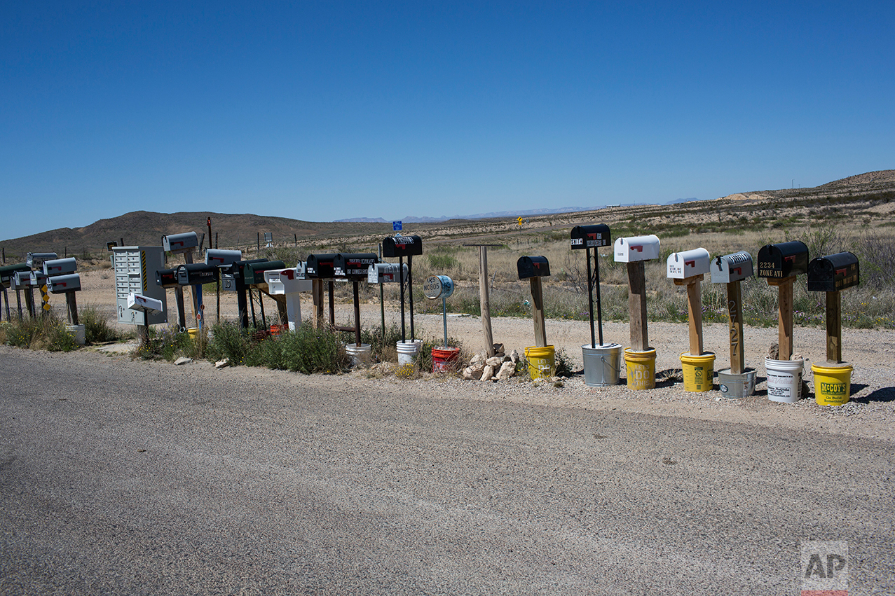  Mail boxes stand in a line in Terlingua, Texas, near the US-Mexico border, Monday, March 27, 2017. (AP Photo/Rodrigo Abd) 