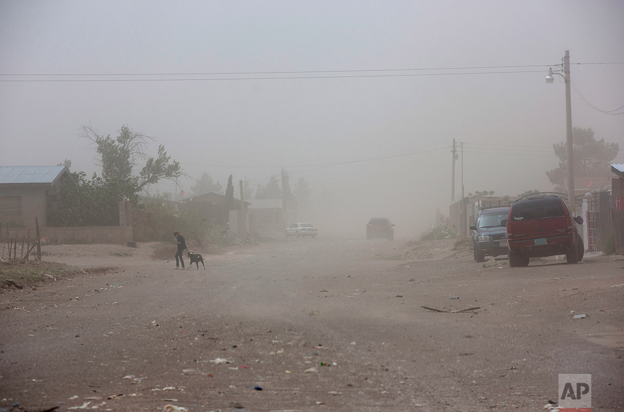  A woman walks with a dog during a dust storm in Palomas, Mexico, Friday, March 31, 2017. (AP Photo/Rodrigo Abd) 