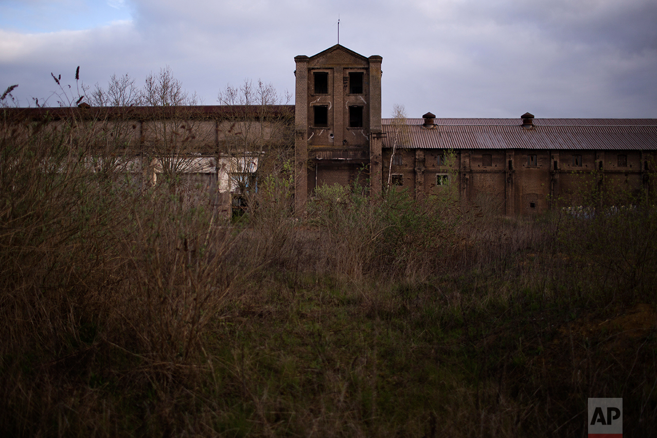 In this Wednesday April 5, 2017 photo, the main entrance of a former steel factory is covered by vegetation on the outskirts of Rombas, a french city located north east of France, near Hayange. (AP Photo/Emilio Morenatti)