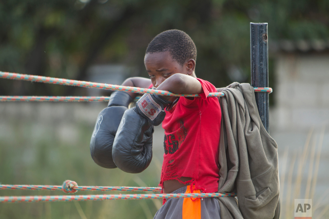 In this Sunday, March 11, 2017 photo, a young boy rests on the ropes after a boxing fight in Chitungwiza, Zimbabwe. (AP Photo/Tsvangirayi Mukwazhi)