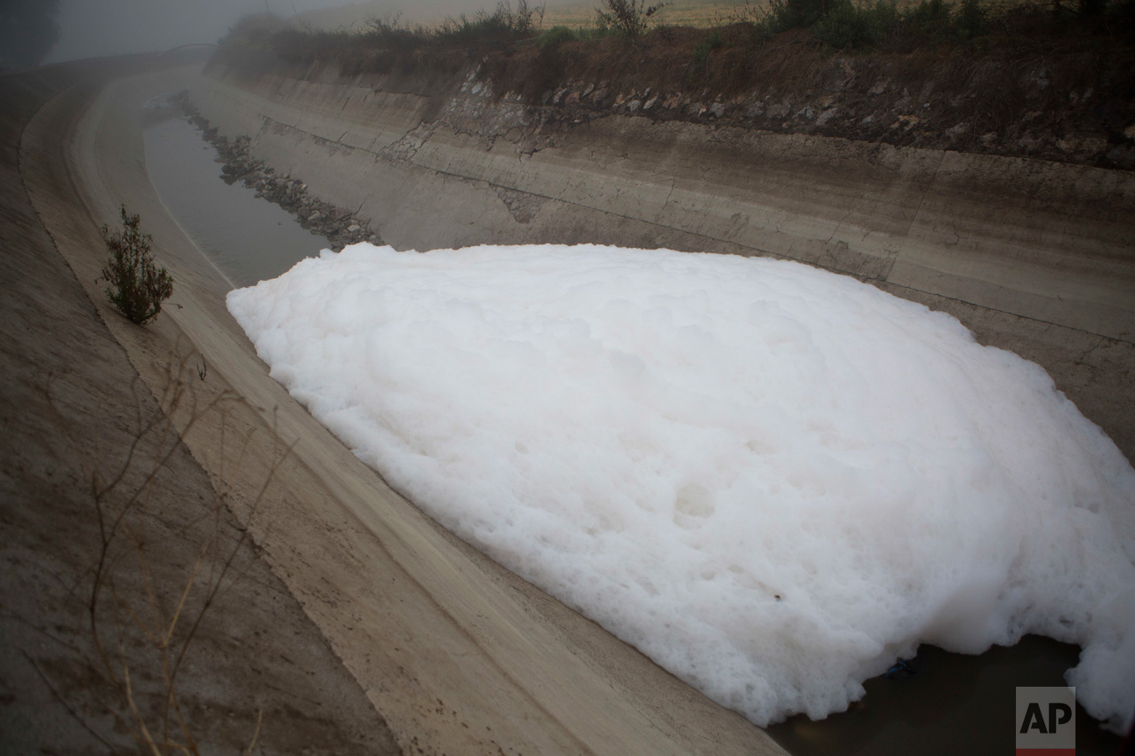 In this March 17, 2017 photo, foam from household detergents rests atop wastewater in an irrigation canal near the Endho reservoir in Tula, Hidalgo state, Mexico. Although the farmers are reluctant to lose the organic content in their black waters, they would support removing the contaminants which bother them more: heavy metals, industrial chemical pollution, detergents, and oils. The new wastewater treatment plant won't intentionally remove heavy metals or industrial chemical pollution, but many of the metals should remain in the sediments extracted inside the plant. (AP Photo/Rebecca Blackwell)