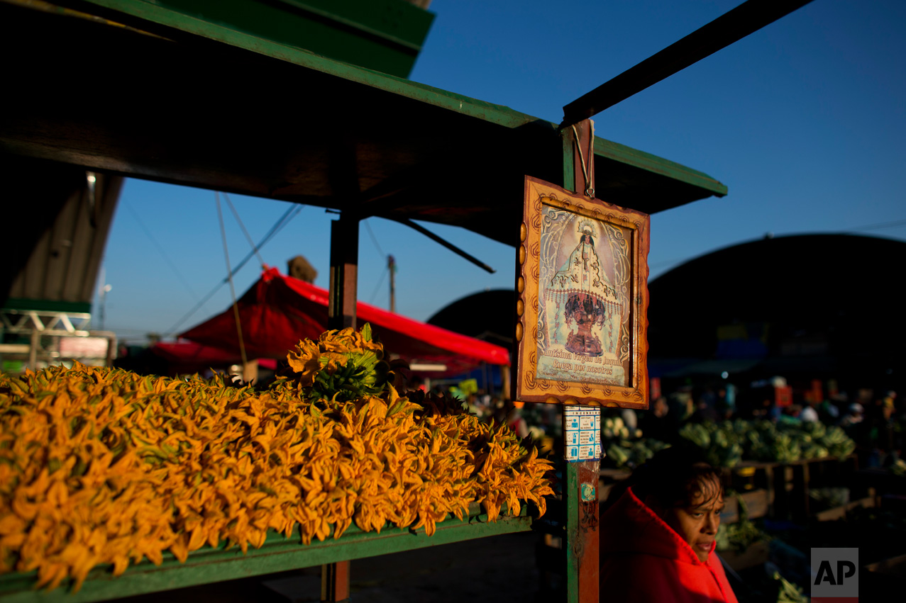 In this April 12, 2017 photo, zucchini flowers grown with wastewater near Mixquiahuala are displayed for sale at the Central de Abastos, the capital's main market, in Mexico City. The edible flowers are a popular ingredient in quesadillas. During wastewater flood irrigation, bacteria can contaminate low-lying crops and later invade consumers' digestive tracts if the produce is not disinfected or cooked. The World Health Organization says risks to consumers include increased rates of cholera, typhoid, diarrhea and roundworm infections. (AP Photo/Rebecca Blackwell)