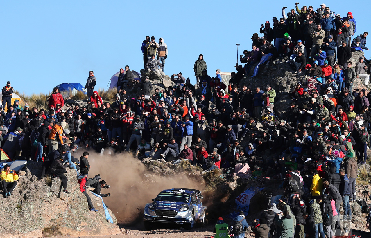 Driver Ott Tanak and his co-driver Jarveoja Martin, both from Estonia, compete with their Ford Fiesta WRC during the FIA World Rally Championship in El Condor, Cordoba, Argentina, Sunday, April 30, 2017. (AP Photo/Nicolas Aguilera)
