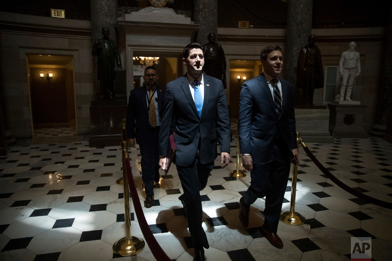  House Speaker Paul Ryan, R-Wis., walks to the House chamber on Capitol Hill in Washington, Thursday, May 4, 2017. Thursday's 217-213 House passage of a new health care measure— with 20 Republican defections — was preceded by several near-death exper