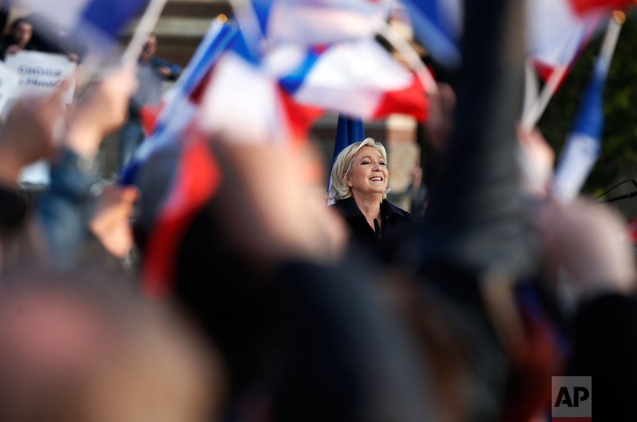  French far-right leader and presidential candidate Marine Le Pen addresses people in Ennemain, northern France, Thursday, May 4, 2017. (AP Photo/Thibault Camus) 