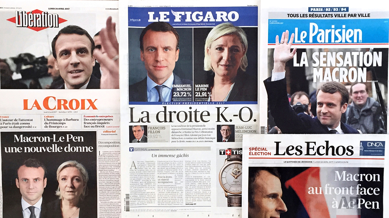  A montage of French national newspaper front pages reporting on the winners of the first round of the French presidential election, centrist candidate Emmanuel Macron and far-right candidate Marine Le Pen, are displayed in Paris, France, Monday, Apr