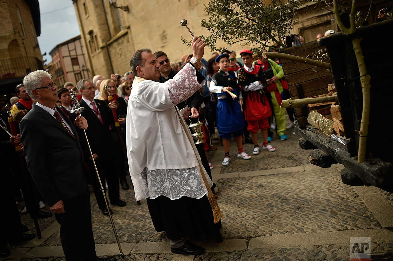  A priest blessing branchs of holm oak during the ''Bunch Procession'' in the ceremony in honor of Domingo de La Calzada Saint (1019-1109), who helped poor people and pilgrims, in Santo Domingo de La Calzada, northern Spain, Wednesday, May 10, 2017. 