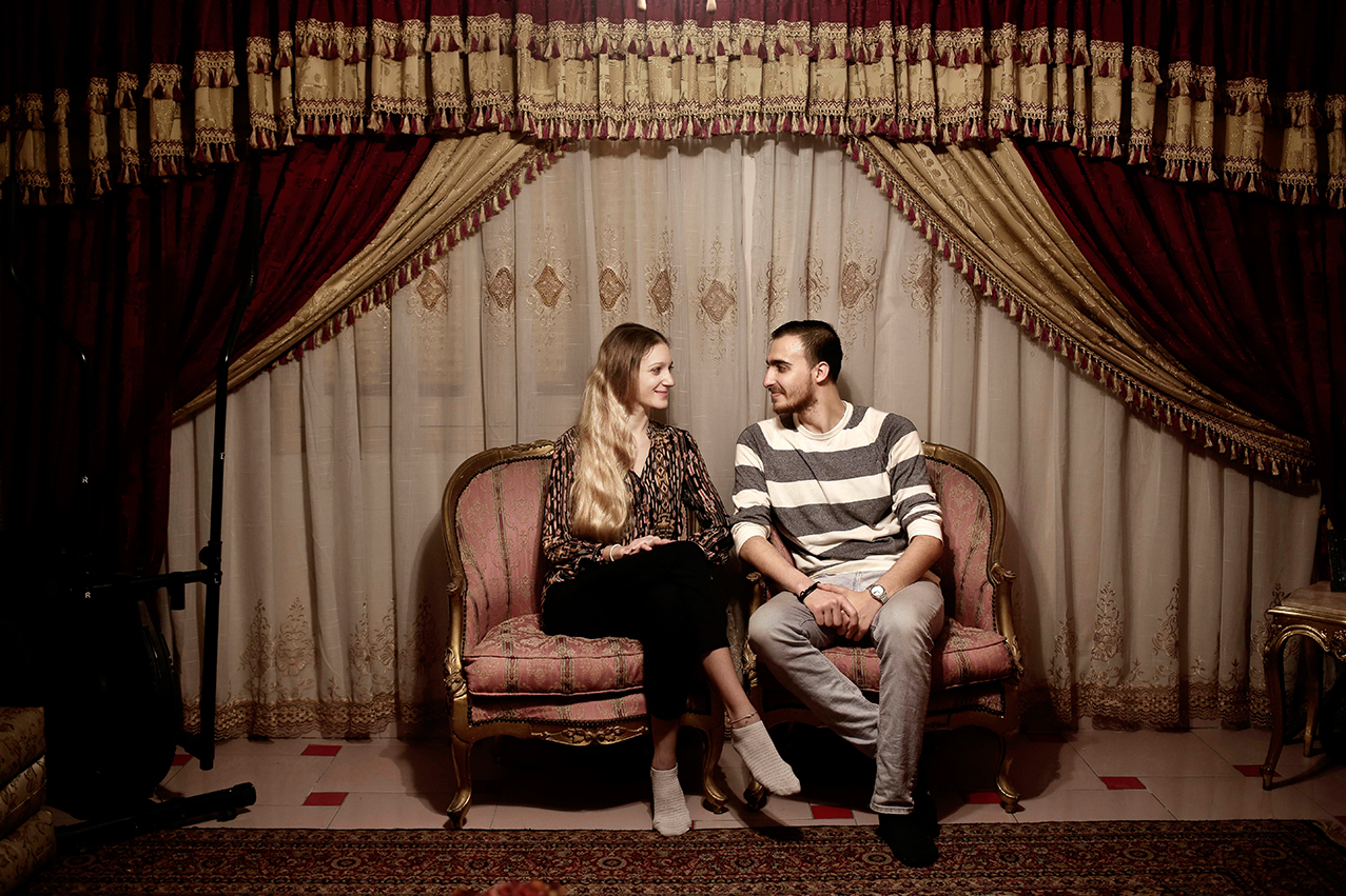  In this April 15, 2017 photo, ballet dancer Fady el-Nabarawy, right, and his Serbian fiancee, ballerina Kristina Lazovic, pose for a photograph at his home on the top floor of a six-story walk-up in the Omraniyah district of Cairo, Egypt. (AP Photo/