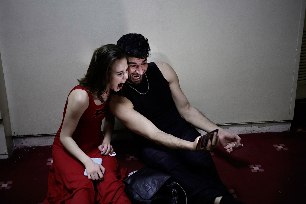  In this March 23, 2017 photo, Egyptian ballet dancer Hani Hassan, right, and a foreign ballerina take a selfie during a break from rehearsals at the Cairo Opera House, Egypt.  (AP Photo/Nariman El-Mofty) 