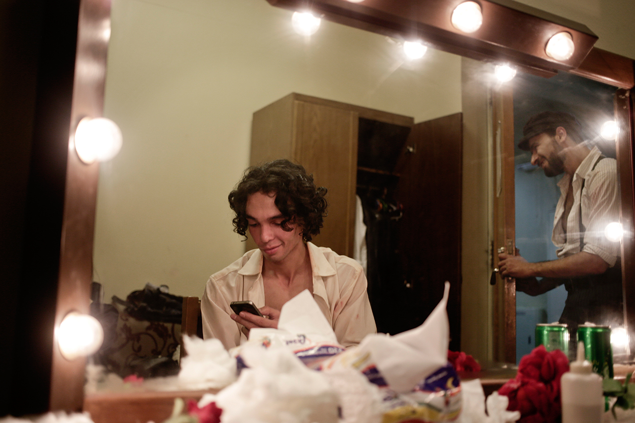  In this March 28, 2017 photo, Ahmed Nabil, left, and Hani Hassan, go to their dressing room after performing 'Zorba' on the opening night, at the Cairo Opera House, Egypt.  (AP Photo/Nariman El-Mofty) 