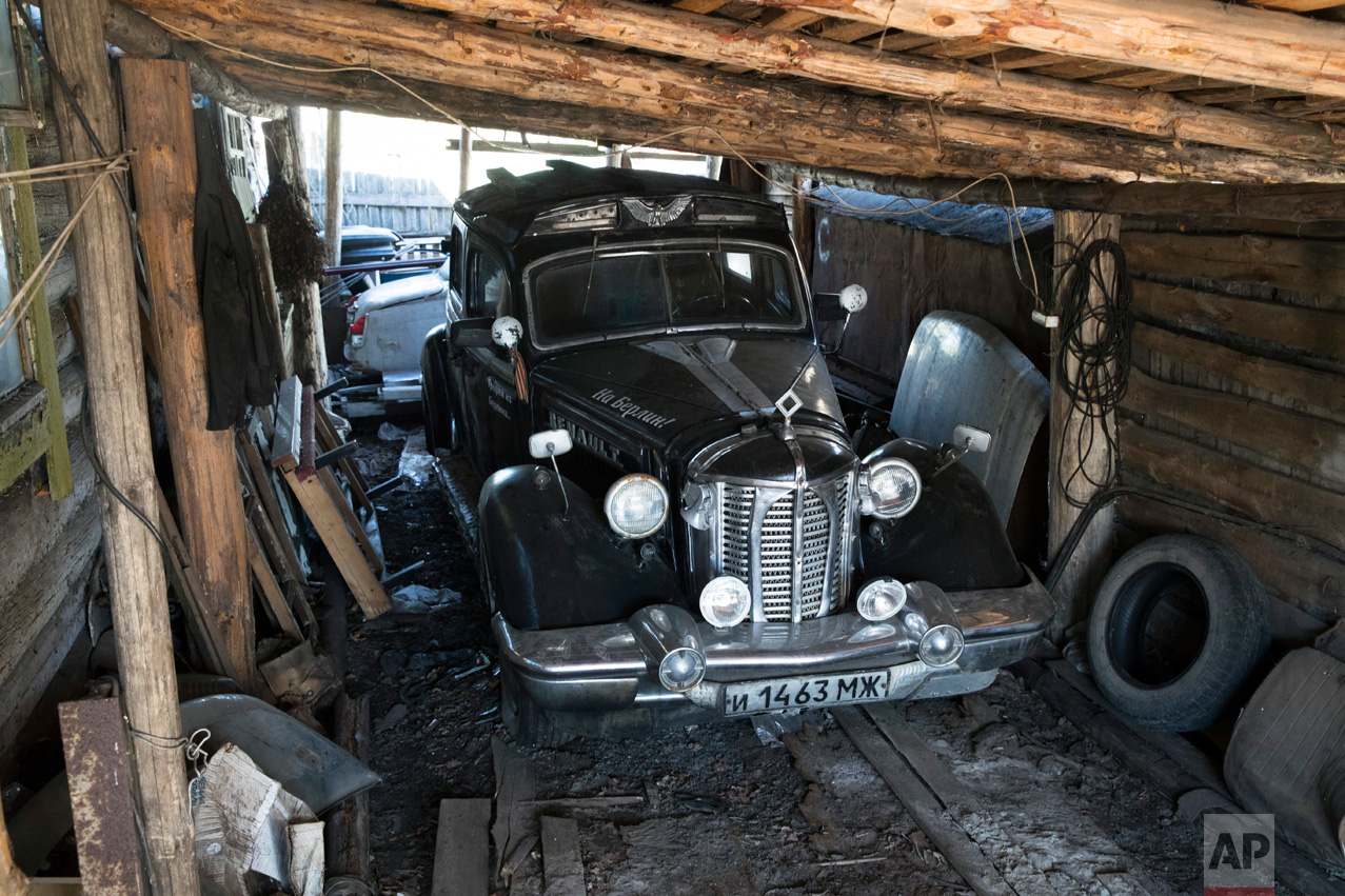  In this photo taken on Wednesday, May 3, 2017, an old Renault car brought by Mikhail Korhunov's father from Germany after WWII as a trophy is parked in the village of Severnaya Griva, about 130 kilometers (80 miles) east of Moscow, Russia.&nbsp;(AP 