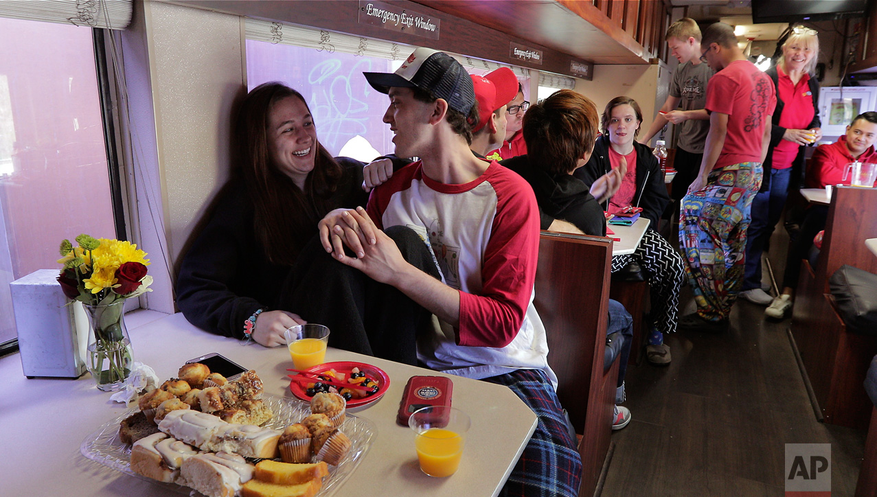  Beth Walters, left, and Stephen Craig, both clowns with Ringling Bros. and Barnum & Bailey Circus talk during the clowns' final group breakfast, Thursday, May 4, 2017, in Providence, R.I. "The Greatest Show on Earth" is about to put on its last show