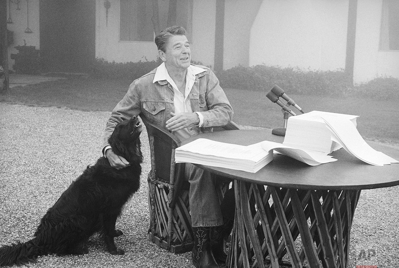  President Ronald Reagan muses with reporters and photographers after being taken by surprise by his faithful canine companion, Millie, Aug. 14, 1981 in Santa Barbara.  Millie joined her master shortly after the president completed signing landmark l