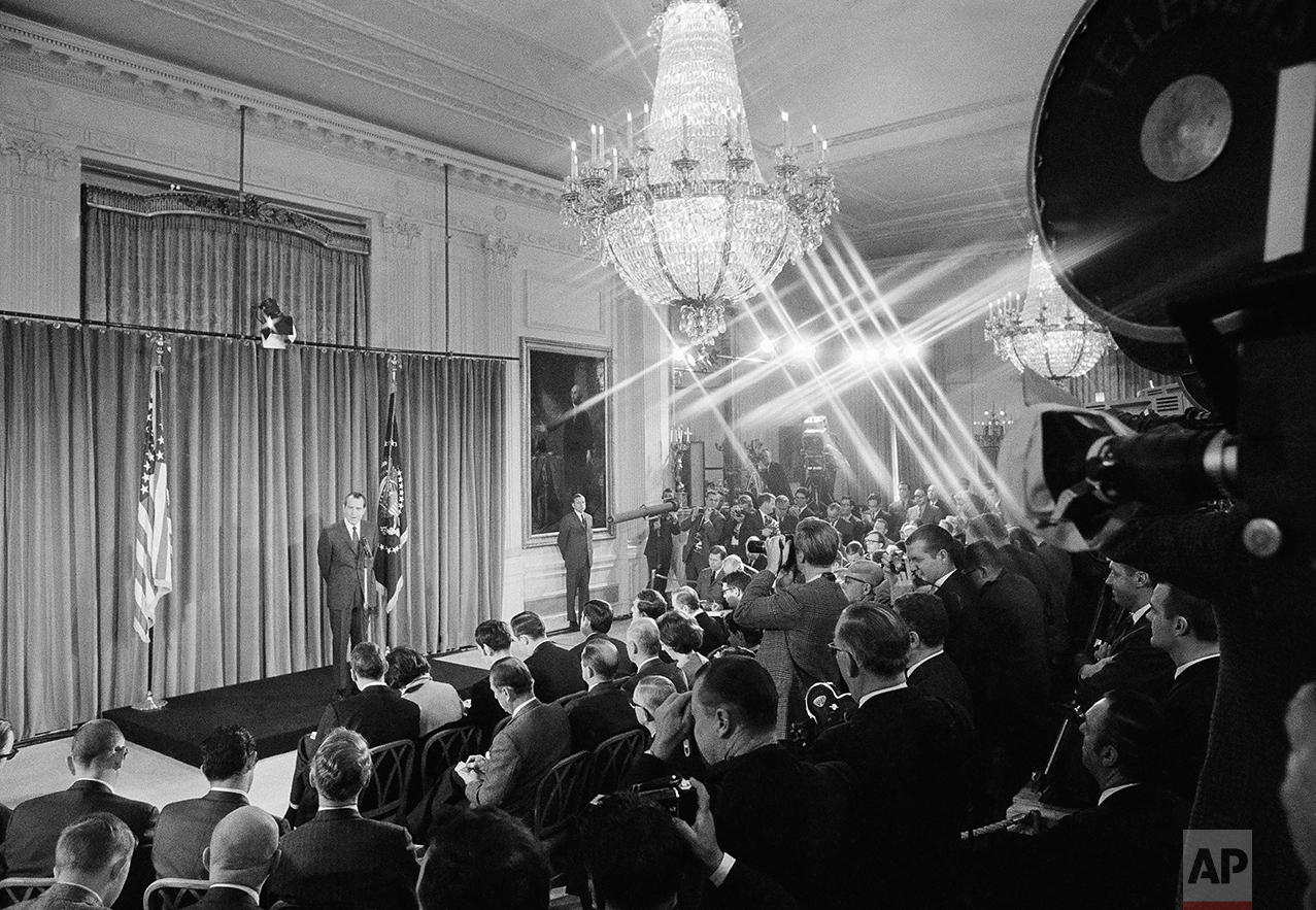  President Richard Nixon answers a question as he meets with reporters in a news conference held in the East Room of the White House on Jan. 27, 1969 in Washington.   It was Nixon's first conference since his January 20 inauguration. (AP Photo) 