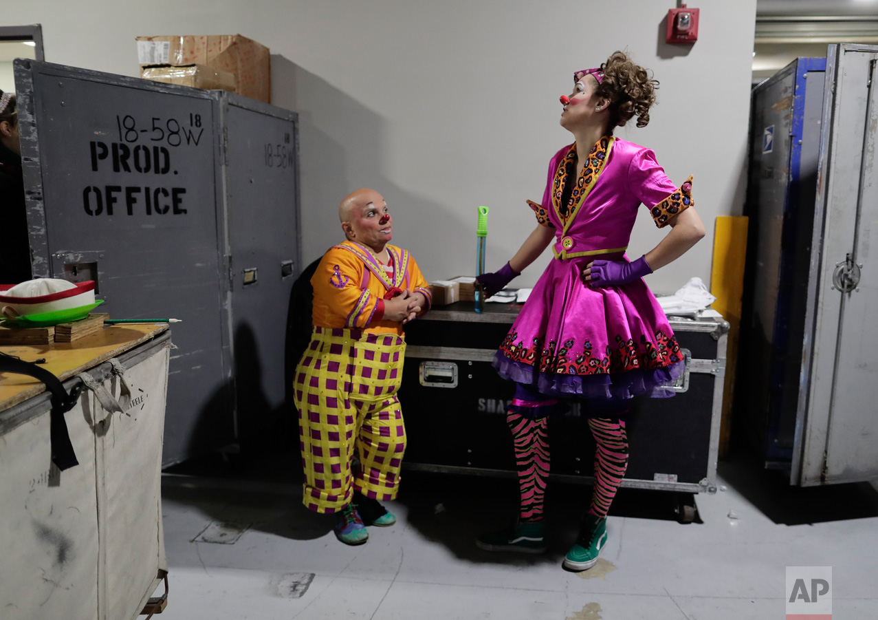  Clowns Gabor Hrisafis, left, and Beth Walters talk in a hallway of the Dunkin Donuts center before a performance, Thursday, May 4, 2017, in Providence, R.I. "The Greatest Show on Earth" is about to put on its last show on earth. For the performers w
