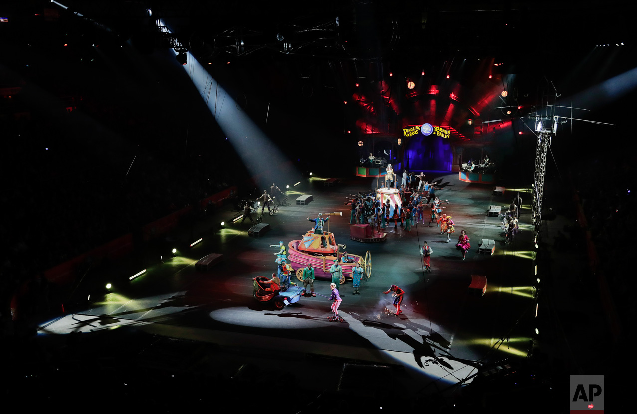  The red unit of Ringling Bros. and Barnum & Bailey circus opens a show, Sunday, May 7, 2017, in Providence, R.I. "The Greatest Show on Earth" is about to put on its last show on earth. For the performers who travel with the Ringling Bros. and Barnum