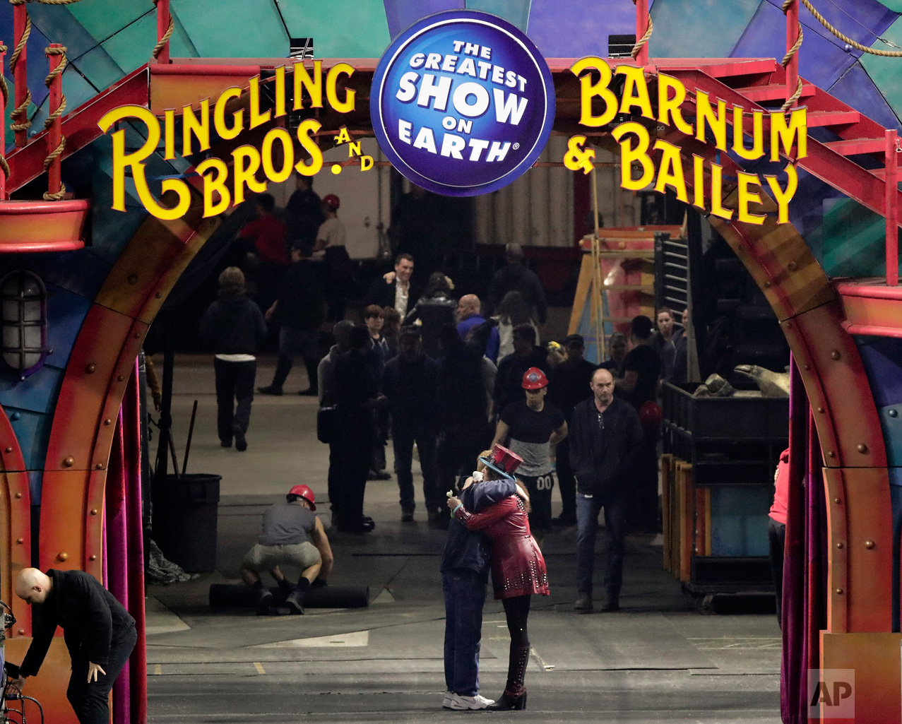  Ringmaster Kristen Michelle Wilson, right, hugs a member of the crew after the red unit's final performance, Sunday, May 7, 2017, in Providence, R.I. For the performers who travel with the Ringling Bros. and Barnum & Bailey Circus, its demise means 