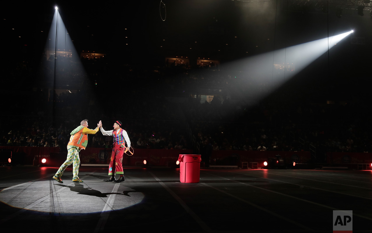  Ringling Bros. clowns Sandor Eke, left, and Ivan Skinfill perform during the intermission of a show, Saturday, May 6, 2017, in Providence, R.I. Knowing it’s coming to an end has been difficult for his fellow performers and crew, and Eke been spendin