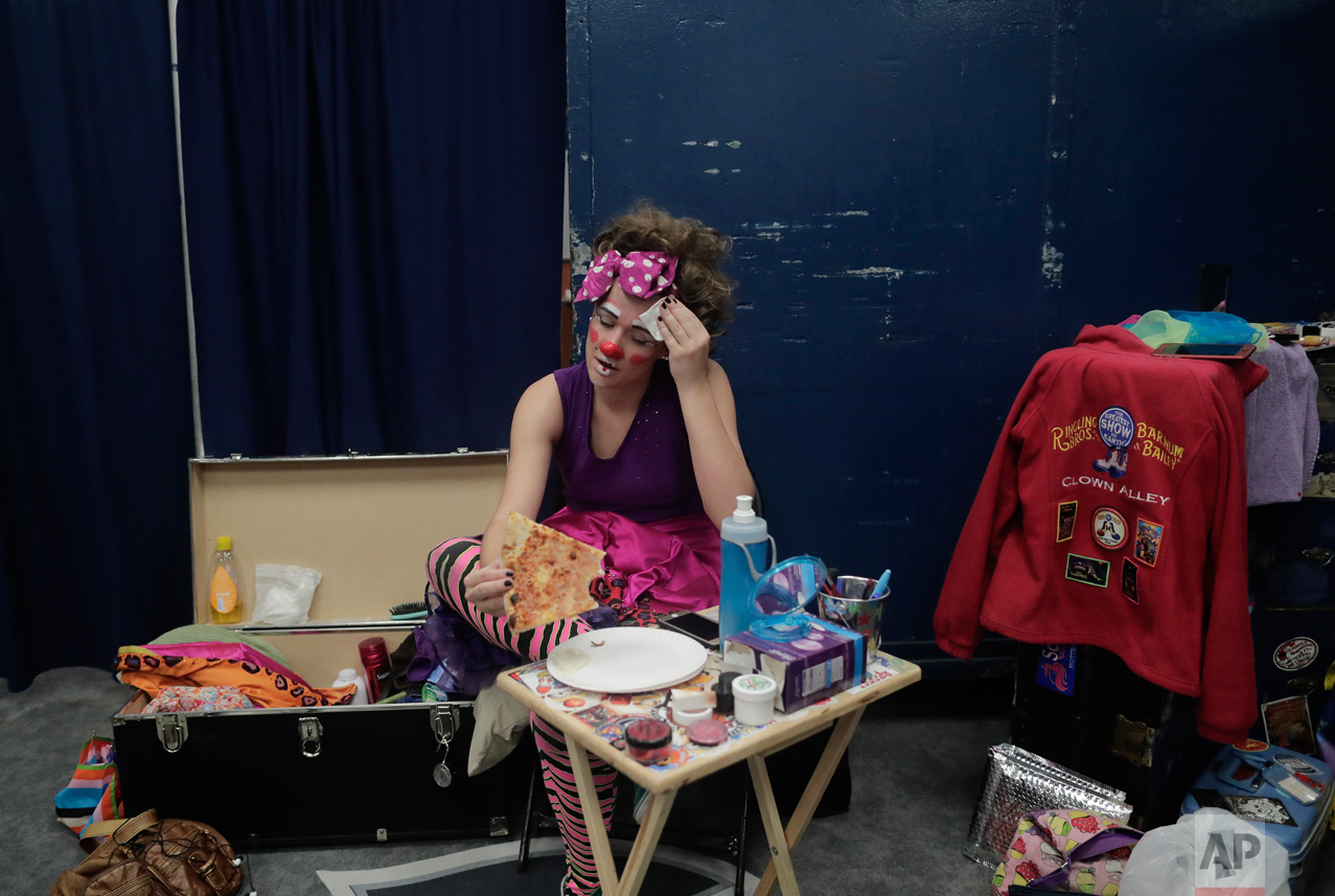 Beth Walters, takes a break in Clown Alley between acts during a show with the Ringling Bros. Barnum and Bailey Circus red unit, Friday, May 5, 2017, in Providence, R.I. "The Greatest Show on Earth" is about to put on its last show on earth. For the