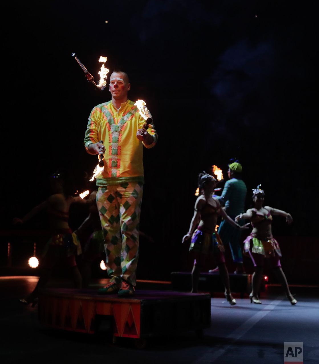  Boss clown Sandor Eke juggles with fire during a show, Thursday, May 4, 2017, in Providence, R.I. "The Greatest Show on Earth" is about to put on its last show on earth. For the performers who travel with the Ringling Bros. and Barnum & Bailey Circu