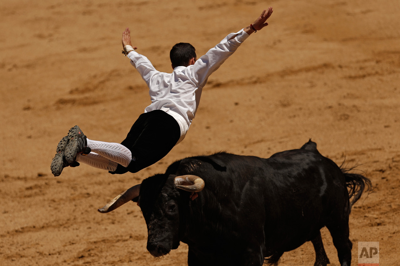 A recortador jumps over a bull during a recortadores festival at Las Ventas bullring in Madrid, Sunday, June 11, 2017. Recortadores is a performance consisting of acrobatically leaping over a bull, and those who get closer to the bull and show less fear are the winners. (AP Photo/Francisco Seco)