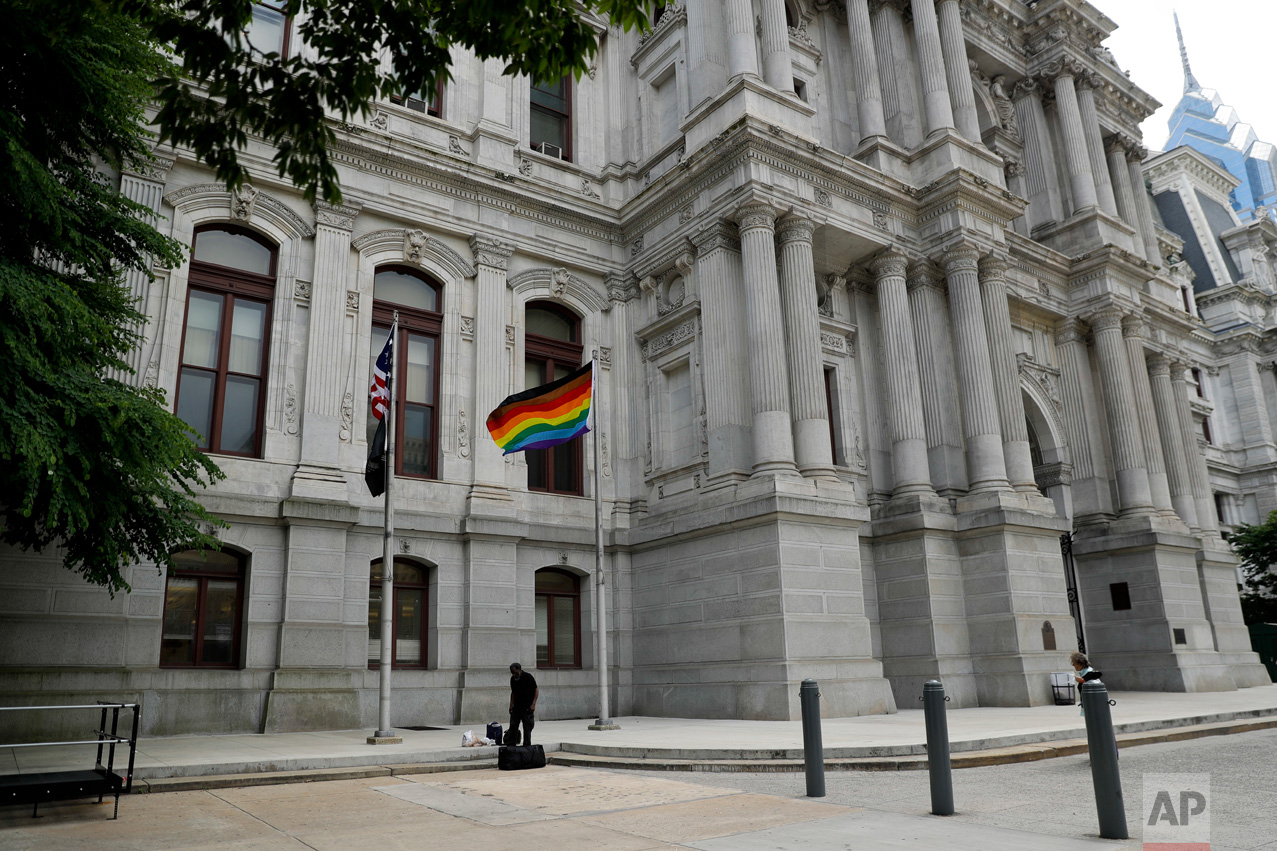  In this Monday, June 19, 2017, Philadelphia's altered gay pride flag is seen outside City Hall. (AP Photo/Matt Slocum) 