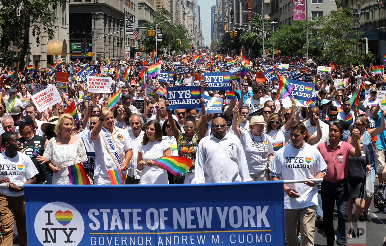  In this June 26, 2016 photo, marchers filled the street during New York City's pride parade. The annual pride parade takes place on Sunday, June 25, 2017, amid protests by black and brown LGBT people saying increasingly corporate pride celebrations 